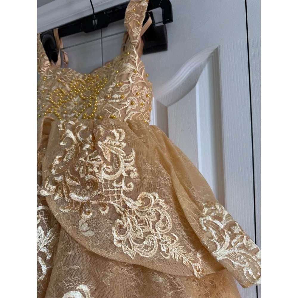 Girls Gold Lace Pageant Dress High Low Flower Girl Gown‎ Beaded Tulle Size 8-10